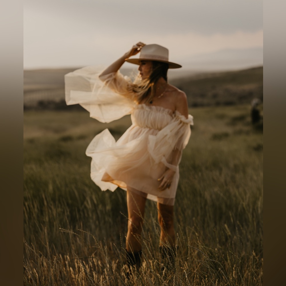 Ruffle dress mesh off shoulder fairy layer cream bell wide sleeve